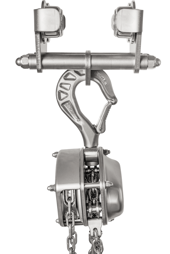 Stainless steel chain hoist with hoist-trolley from cromox® - incl. chain (side view)